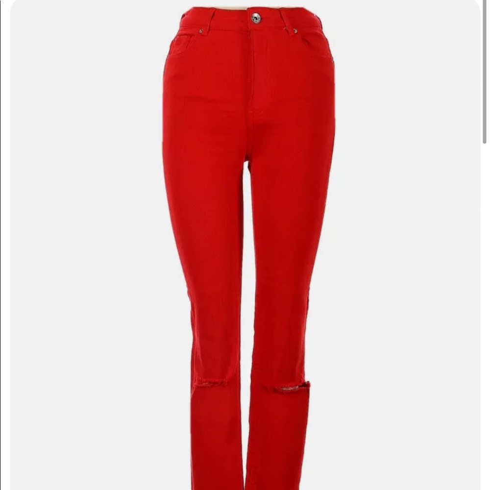 Zara Trafaluc denimwear Red Stretch High Waisted Skinny Jeans Distressed Raw Hem